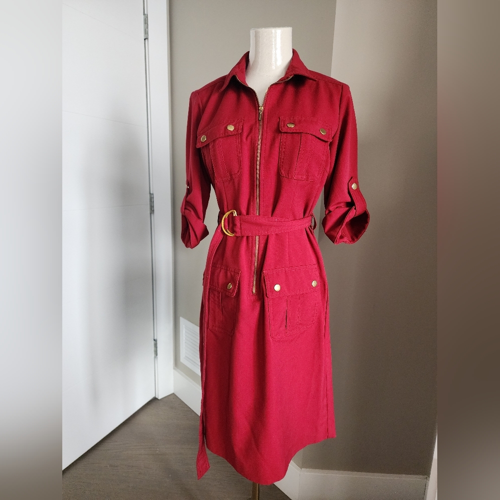 Red Zip Up Midi Dress with 3/4 sleeves